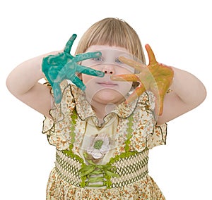 Little girl with multicolored palm