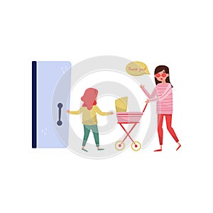 Little girl open the door to young mom with baby carriage. Kid with good manners. Politeness theme. Flat vector design