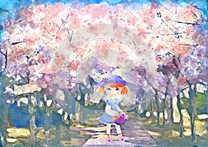 Little girl over cherry blossoms. Spring watercolor illustration
