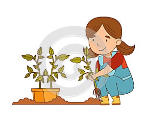 Little Girl in Overall Planting Seedling on Garden Bed Working on the Farm Vector Illustration