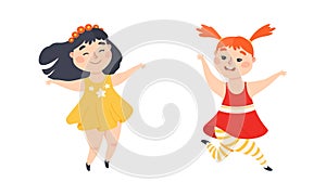 Little Girl with Overweight and Body Fat Jumping and Having Fun Vector Set
