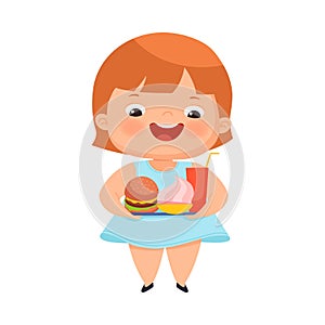 Little Girl with Overweight and Body Fat Overeating Vector Illustration