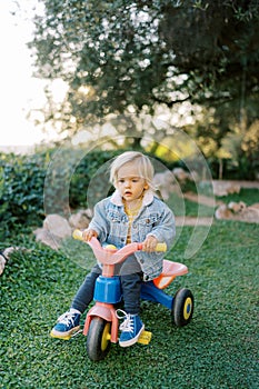 Little girl pedaling a tricycle on green grass in the park