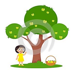 Little girl picking apples flat  illustration.