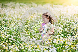 Little girl picking flowers in daisy field