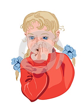 Little girl picking her nose. Blond hair. Colorful