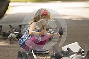 Little girl and pigeons