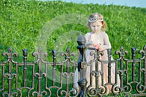 Little girl in pink puffy gown stands near black photo