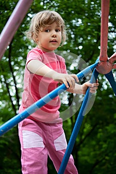 Little girl on pipes on playground