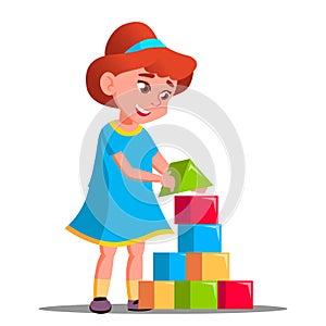 Little Girl Playing In Building Blocks Vector. Isolated Illustration