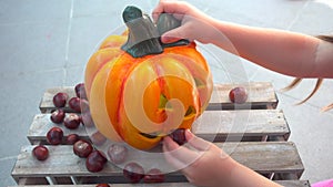 Little girl playing feeding chestnuts to halloween pumpkin