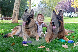Little girl playing with German Shepherd dogs in the park