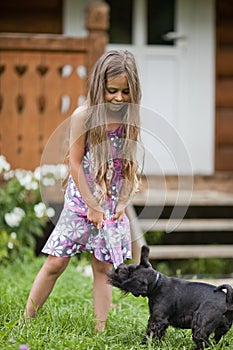 Little girl playing with her dog