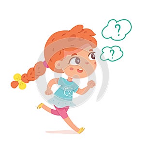 Little girl playing hide and seek, searching friends. Happy girl running at home vector illustration. Kid with bubbles