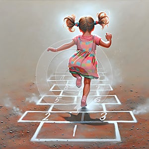 Little Girl Playing Hopscotch Game