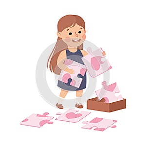 Little Girl Playing Jigsaw Puzzle Assembling Mosaiced Pieces into Picture Vector Illustration