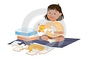 Little Girl Playing Jigsaw Puzzle Assembling Mosaiced Pieces into Picture Vector Illustration