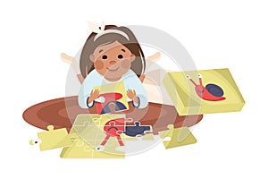 Little Girl Playing Jigsaw Puzzle Assembling Mosaiced Pieces into Picture Vector Illustration