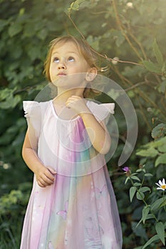 Little girl playing outdoor in nature inside a forest. Education in nature