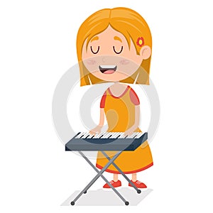 little girl playing piano, young pianist on performance, cartoon vector illustration on white background