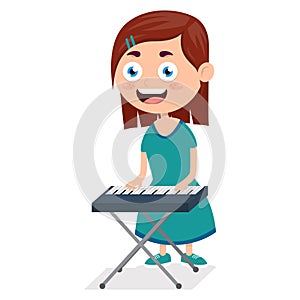 little girl playing piano, young pianist on performance, cartoon vector illustration on white background