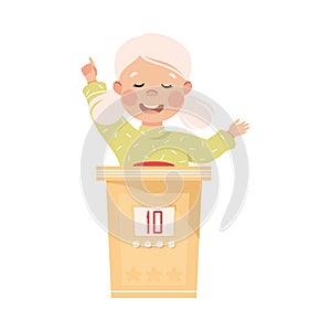 Little Girl Playing Quiz Game or Mind Sport Standing at Press Button Answering Question Vector Illustration