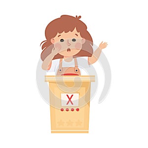 Little Girl Playing Quiz Game or Mind Sport Standing at Press Button Answering Question Vector Illustration