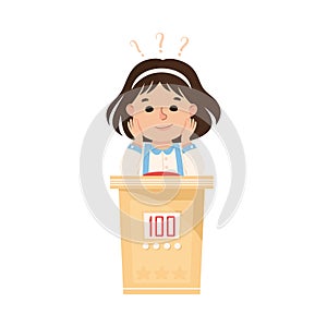 Little Girl Playing Quiz Game or Mind Sport Standing at Press Button Answering Question Vector Illustration