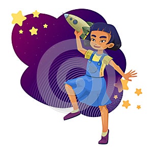 A little girl playing with a rocket. Children\'s toys. Space. The stars. Vector illustration on white background