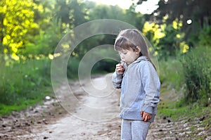 Little girl playing in sunny blooming forest. Toddler child picking flowers. Blowing dandelion. Summer fun for family with childre