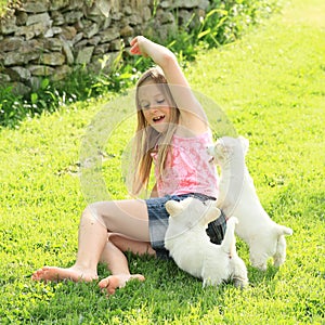 Little girl playing with two puppies