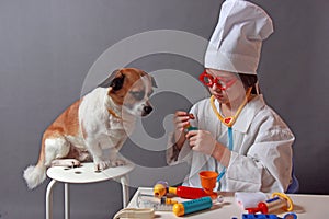 Little Girl playing veterinarian with dog