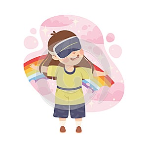 Little Girl Playing Wearing Augmented Reality Glasses Using Smart Technology Vector Illustration