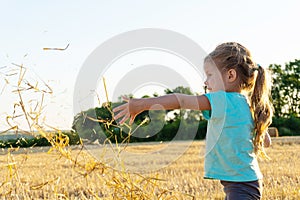 Little girl playing with wheat grass in the field