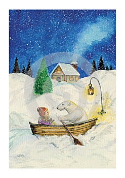 Little Girl and Polar Bear in a Boat Paddling in Snow