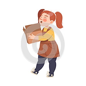 Little Girl with Ponytail Carrying Cardboard Box for Recycling Saving Earth Taking Care of Nature and Environment Vector