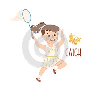 Little Girl with Ponytail Catching Butterfly with Net Vector Illustration