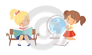 Little Girl with Ponytail Reading Book Sitting on Bench and Watching Globe Vector Set