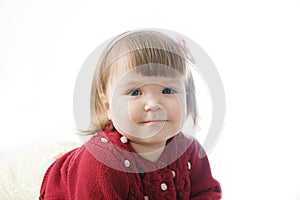 Little girl portrait smiling happy. cute caucasian baby  on white background