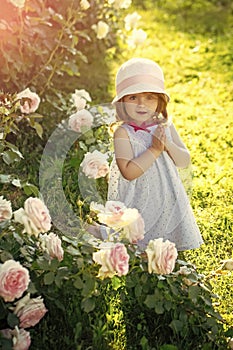 Little girl praying to god. Child standing at blossoming rose flowers on green grass