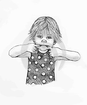 Little Girl Pulling Faces, Childhood, Pencil Drawing Illustration