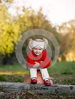 Little girl with pumpkin in autumn Park