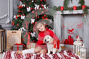 A little girl with a puppy Golden Retriever on a background of Christmas tree