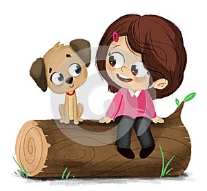 Little girl and puppy illustration