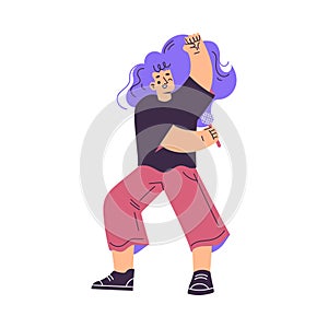 Little Girl with Purple Hair Singing in Rock Band with Microphone Vector Illustration