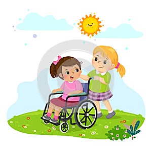 A little girl pushing her friend in a wheelchair