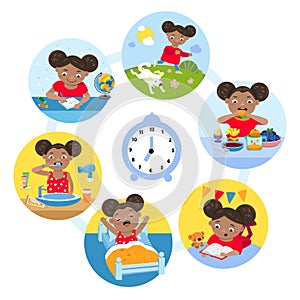 Little girl read book, do homework, play, wake up, eat, brush teeth. Healthy daily morning vector illustration. Children
