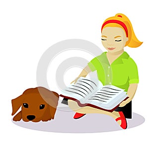 Little girl read book to dog