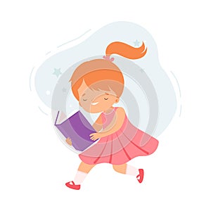 Little Girl Reading Book, Cute Kid Walking with Book, Children Education and Imagination Concept Cartoon Vector