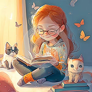 Little girl reading a book with her cat at home, cartoon kid illustration